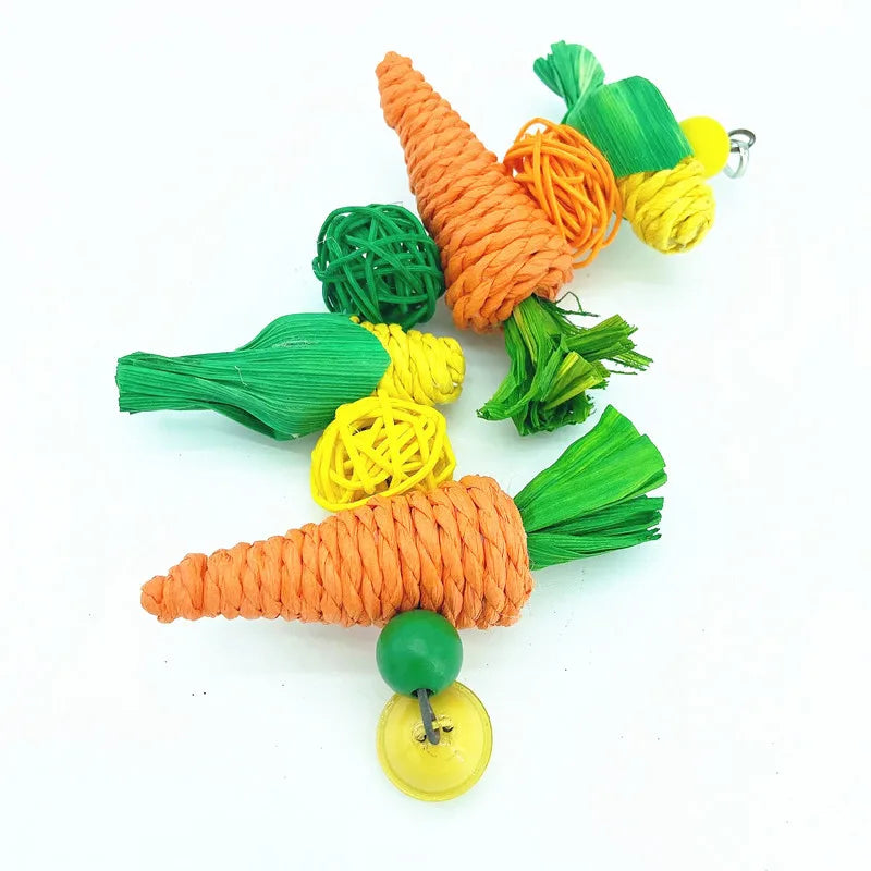 Parrot Chew and Teeth Grinding Toy – Handwoven Carrot and Corn Vine Ball for Birds, Hamsters, and Rabbits, Cage Swing Hanging Accessory