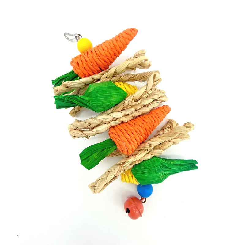 Parrot Chew and Teeth Grinding Toy – Handwoven Carrot and Corn Vine Ball for Birds, Hamsters, and Rabbits, Cage Swing Hanging Accessory