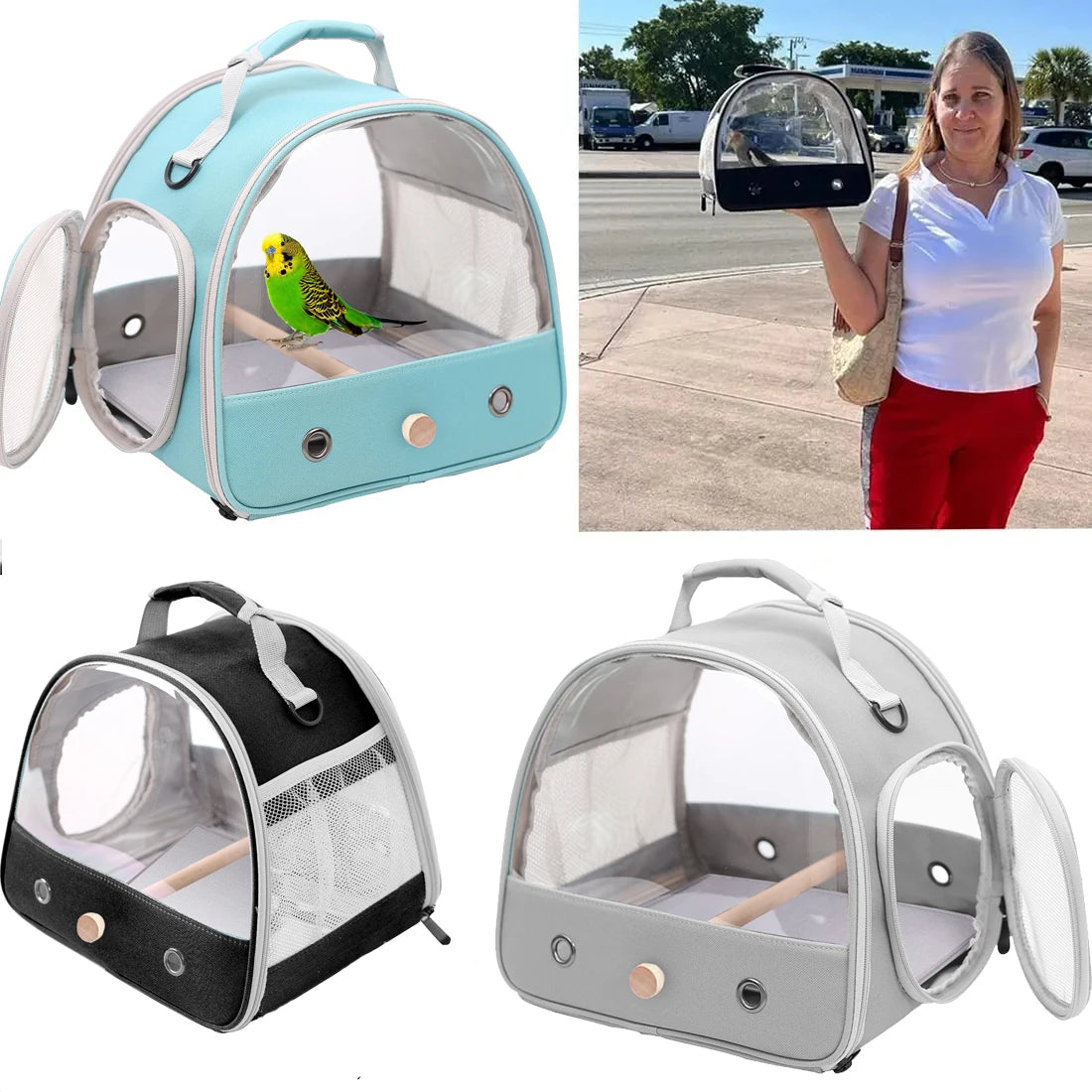 Portable Bird Travel Carrier – Compact carrier for small birds, parrots, and parakeets with standing perch, soft mat, and side access window. Collapsible design for easy storage