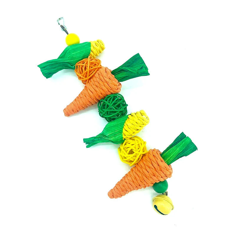 Parrot Chew and Teeth Grinding Toy – Handwoven Carrot and Corn Vine Ball for Birds, Hamsters, and Rabbits, Cage Swing Hanging Accessory