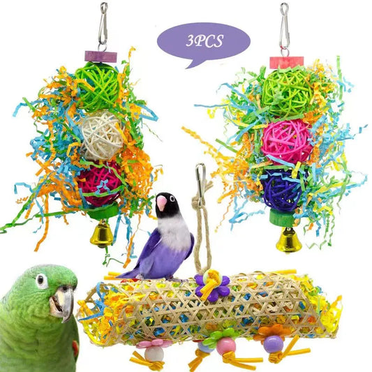 Bird Parrot Toy Set – 2/3 Pcs Colorful Shredder and Foraging Hanging Cage Toys for Molar Chewing and Pet Play