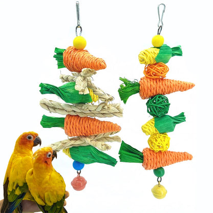 Parrot Chew and Teeth Grinding Toy – Handwoven Carrot and Corn Vine Ball for Birds, Hamsters, and Rabbits, Cage Swing Hanging Accessory