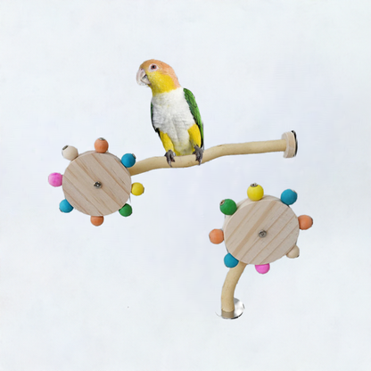 Funny Perch Toy for Lovebirds – Rotating Balls and Colorful Windmill Interactive Wood Bird Stand & Foraging Toy