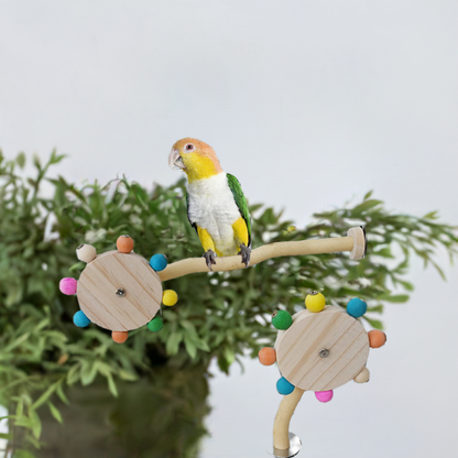 Funny Perch Toy for Lovebirds – Rotating Balls and Colorful Windmill Interactive Wood Bird Stand & Foraging Toy